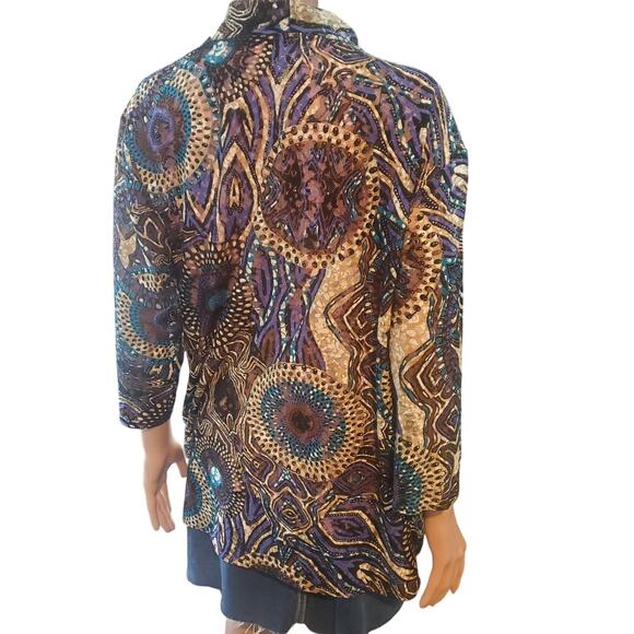 Chico’s Top Size XL (3) Mesh Artsy Lightweight Open Front Cardigan Medallions - Picture 4 of 8